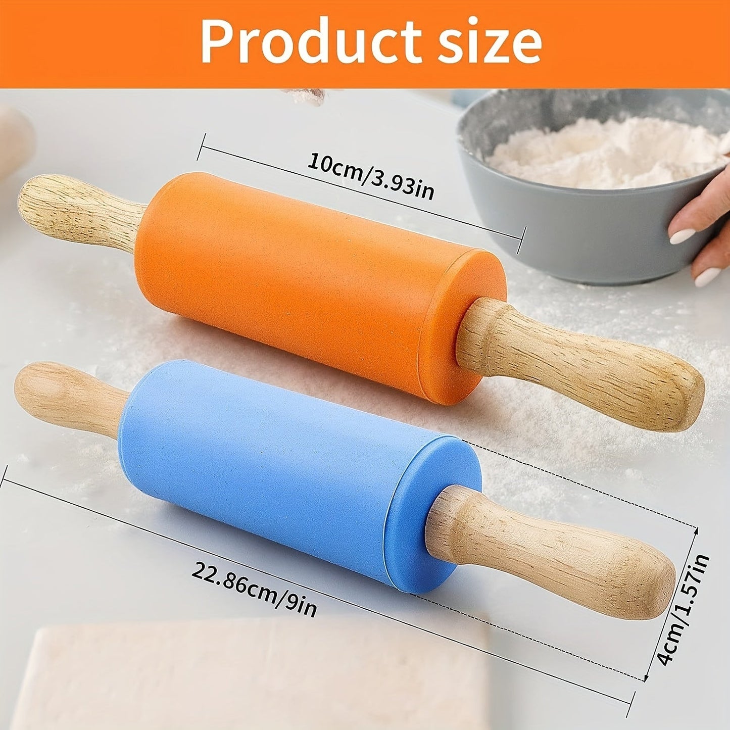 Small rolling pin suitable for kids with a wooden handle and non-stick silicone dough roller, ideal for baking activities.