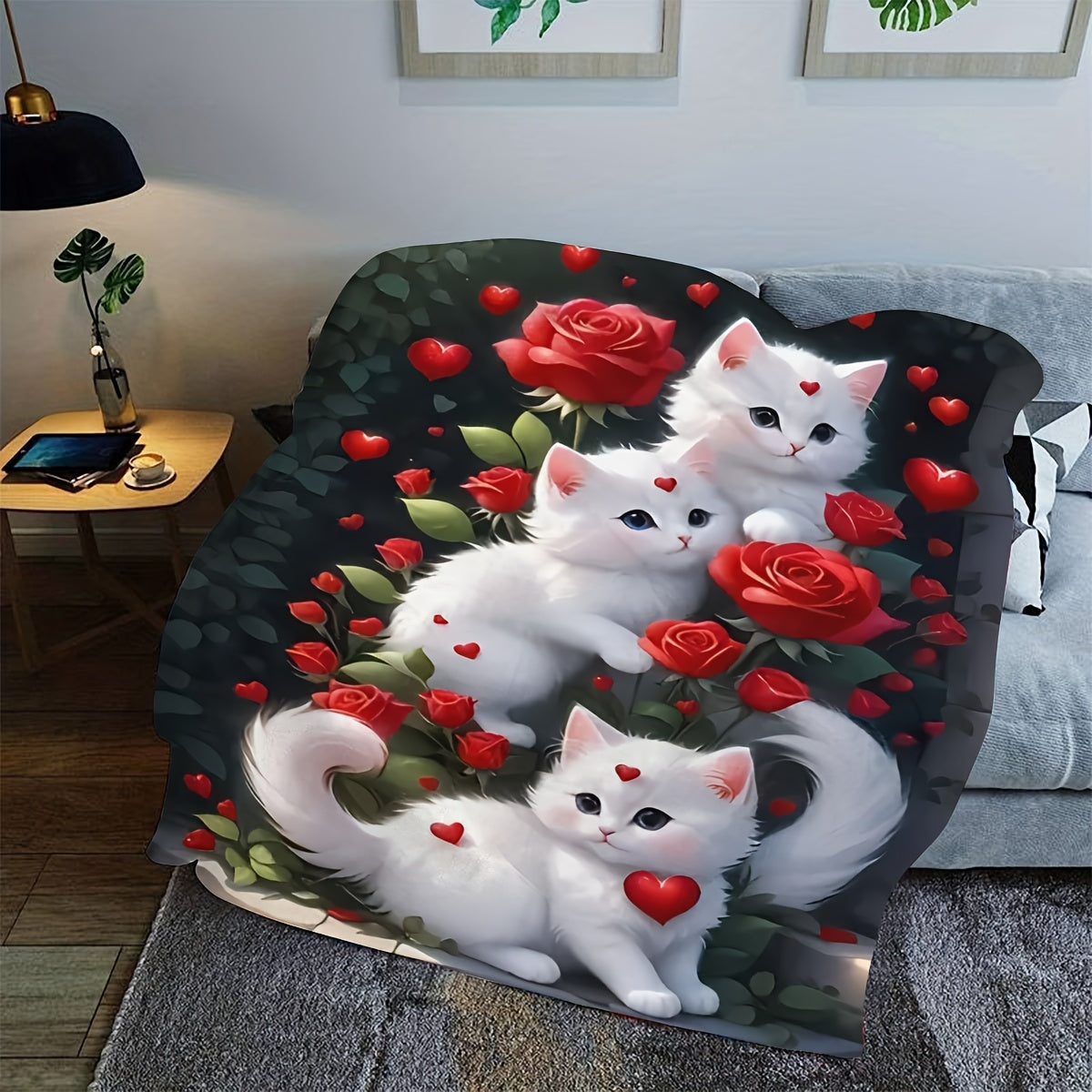 The Cozy Rose Cat Flannel Throw Blanket is both versatile and warm, perfect for use on the couch, in the car, at the office, for picnics, or camping. Made of soft polyester, this all-season blanket is sure to keep you cozy wherever you go.