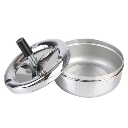 Durable stainless steel ashtray with rotating lid for home, office, hotel.