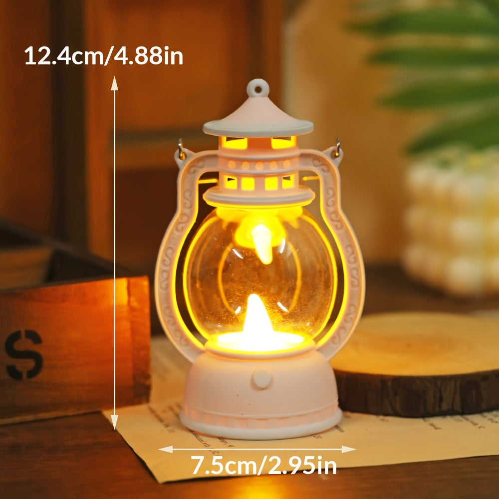 Mini LED lantern with battery included, ideal for decoration in bedroom, desk, wedding, party, or holidays. Made of plastic with faux candle light, non-rechargeable button battery included.