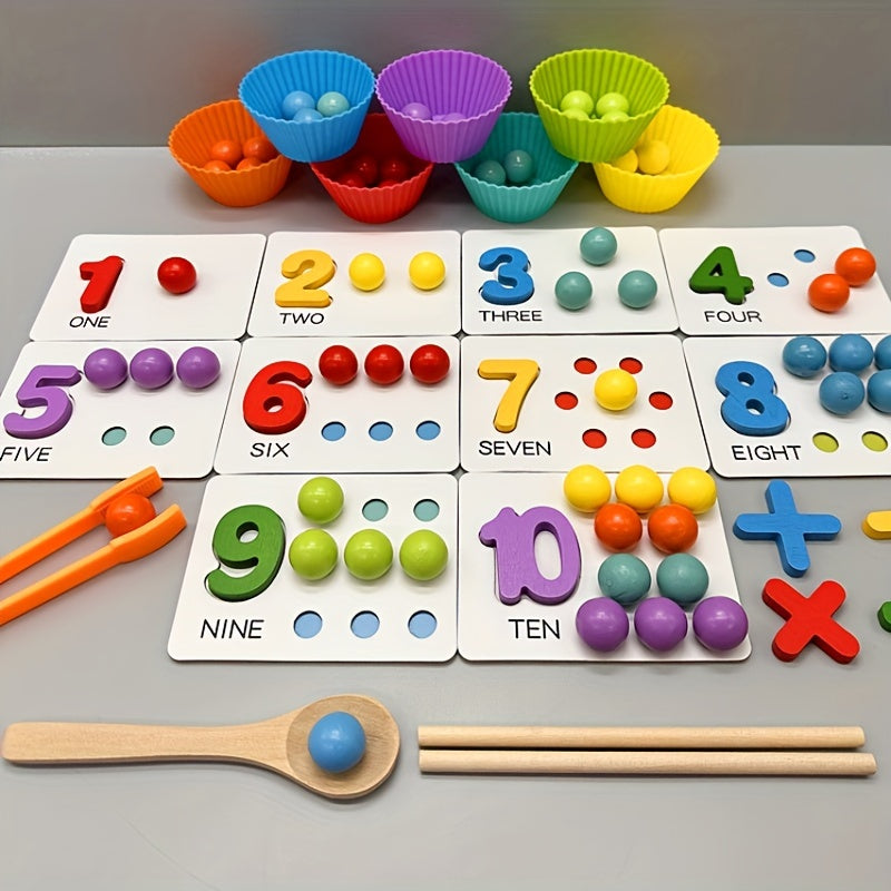 Wooden Number Counting Game for Preschoolers - Educational Math Toy with Beads, Cards, and Tweezers for Cognitive Skills, Age 3+