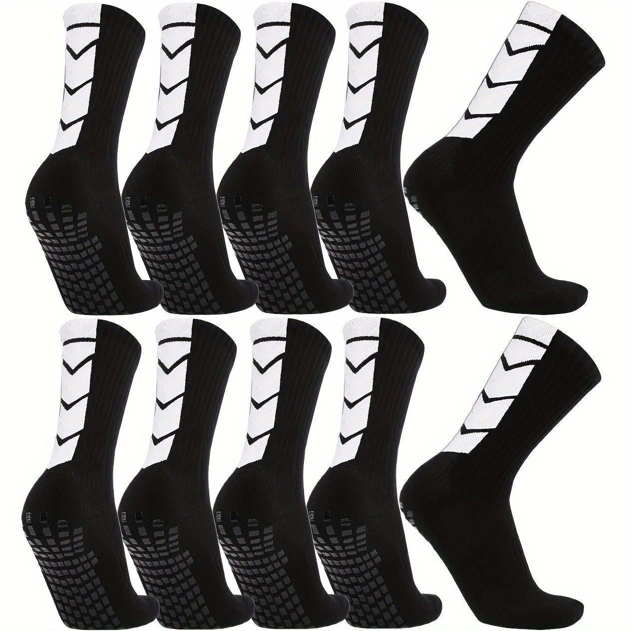 10 Pairs Unisex Athletic Sports Socks with Geometric Pattern, Non-Slip Grip, Knit Polyester Fabric - Machine Washable for Soccer, Basketball, Skateboarding, Rugby - 98% Polyester, 2%