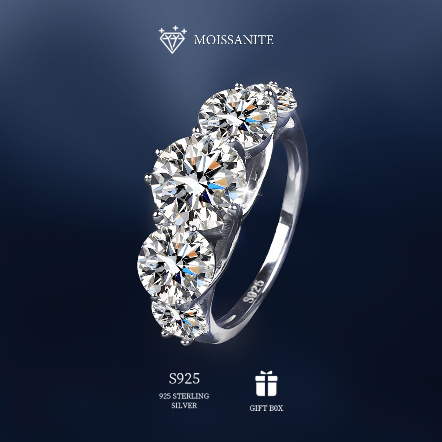 Hypoallergenic S925 Sterling Silver Moissanite Stone Ring with 5 Carats in Classic 8-Prong Setting. Perfect Five-Stone Band for Engagement, Wedding, or Promise. Ideal Jewelry Gift for Women, Certified and Presented in a Gift Box.