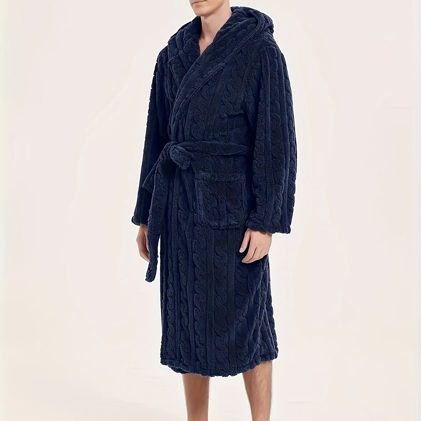 Men's fleece hooded robe for home and hotel use, with belt for comfort.