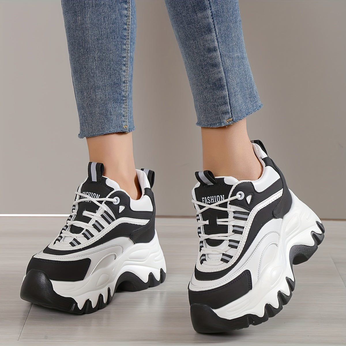 Women's Colorblock Chunky Sneakers with comfortable platform, lace-up design for casual outdoor wear.