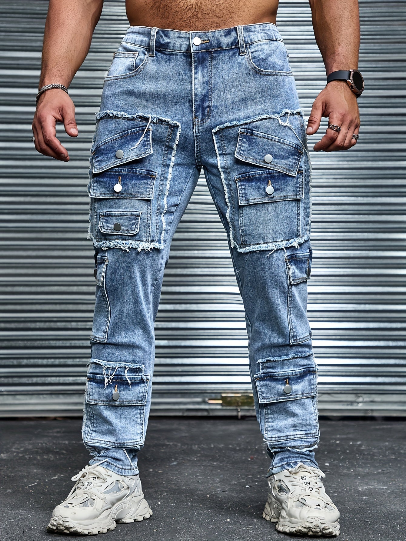 Plus size men's denim jeans with multiple pockets, distressed style, and comfort fit for everyday wear.