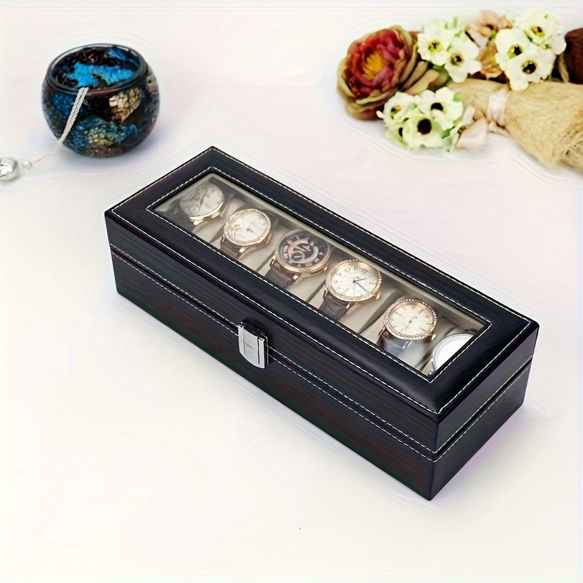 New faux leather watch storage box with velvet interior, designed to hold 6 watches and display jewelry.