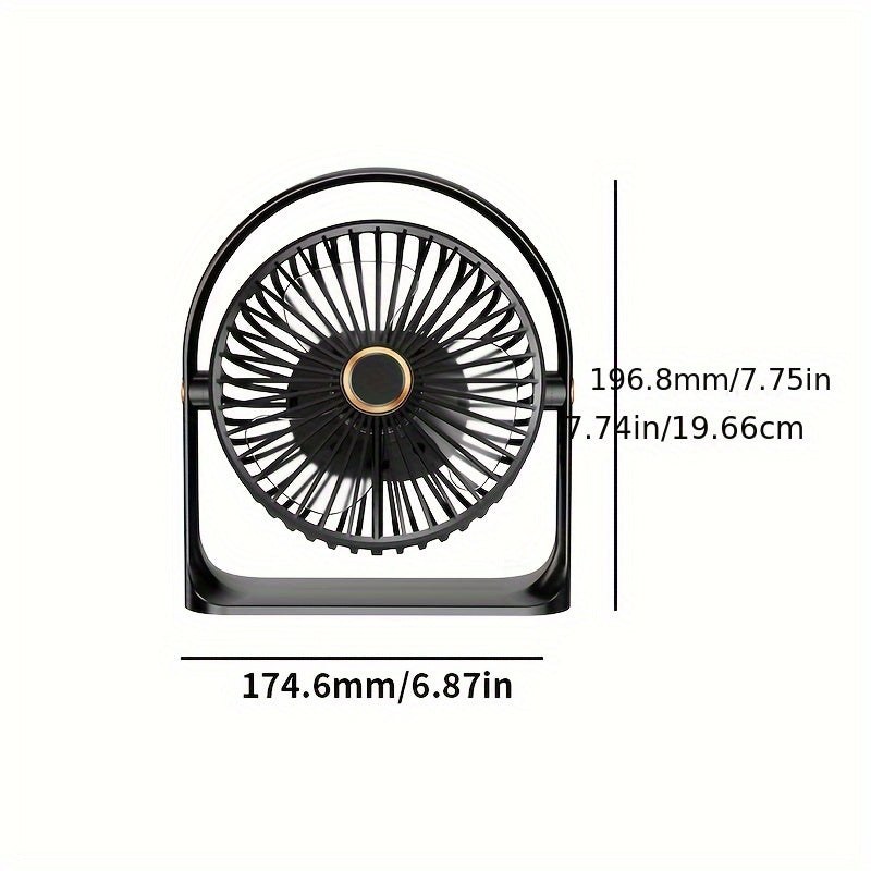 The Portable LED Display Fan features a 6-inch transparent blade with backlighting, designed to be clipped on or used with the stand. It is USB rechargeable with a 1200mAh lithium battery and operates quietly, making it perfect for use in offices