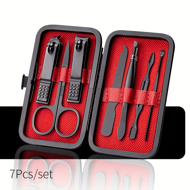 Black and Red Nail Set with Stainless Steel Professional Pedicure Kit and Leather Travel Case.