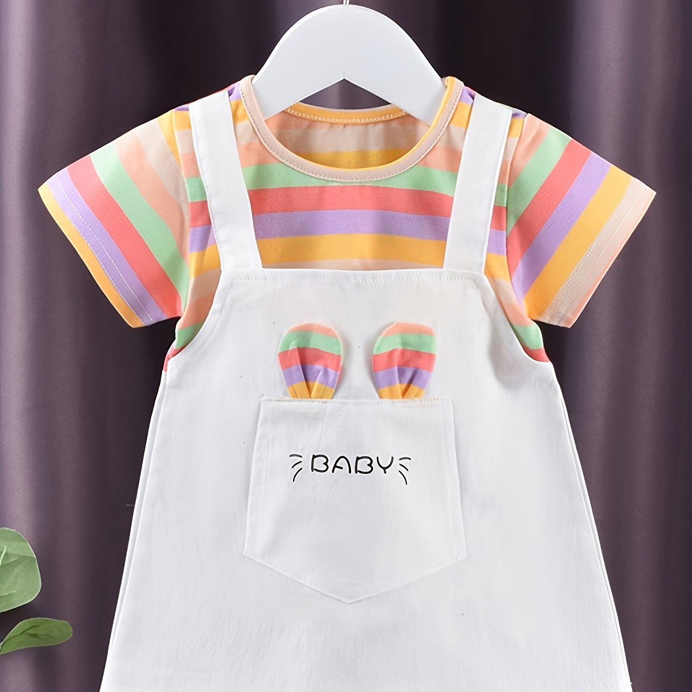 Baby summer cotton dress with striped short sleeves, faux two-piece design, knit fabric with stretch, regular fit for spring/summer.