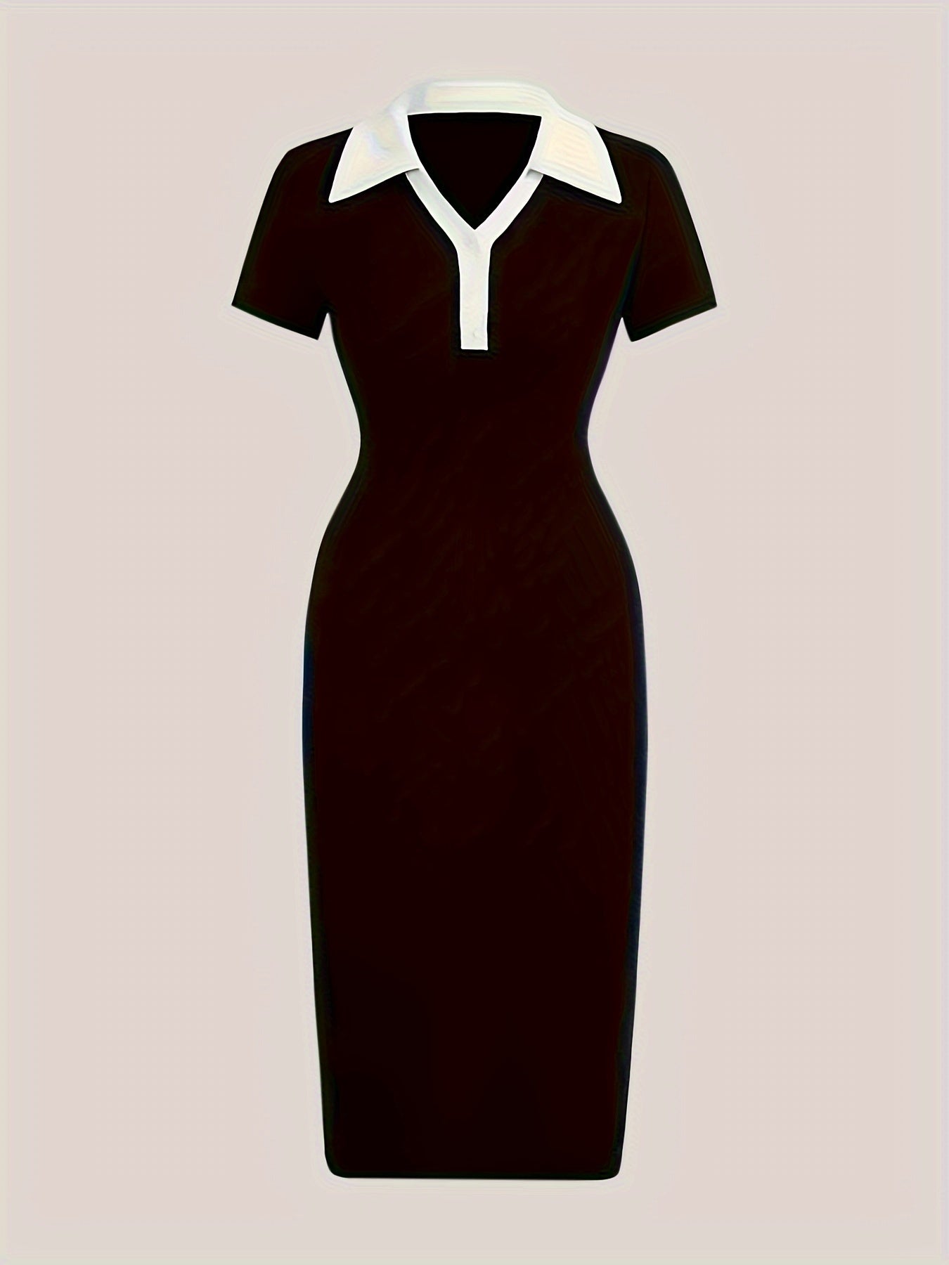 Color block collared bodycon dress for women, elegant two-tone short sleeve.