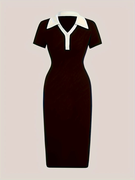 Color block collared bodycon dress for women, elegant two-tone short sleeve.