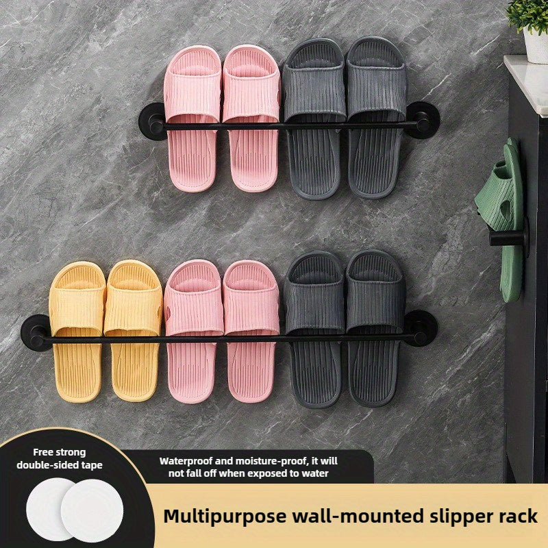 Wall-mounted slipper rack holds 1 pair of shoes and towels, no need for drilling. Made of plastic with strong load-bearing capacity. Waterproof and moisture-proof for bathroom storage.