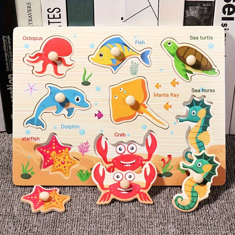 Wooden intelligence puzzle board toy that features three-dimensional puzzles to help recognize vegetables, numbers, letters, transportation vehicles, and ocean animals.