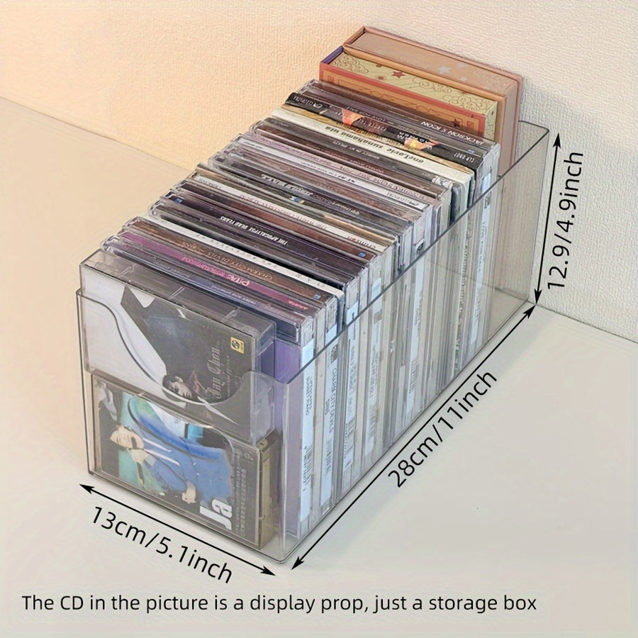 Clear acrylic CD storage organizer for DVDs and CDs, shelves in different sizes, wood-free, great for displaying albums and memorabilia in home entertainment.