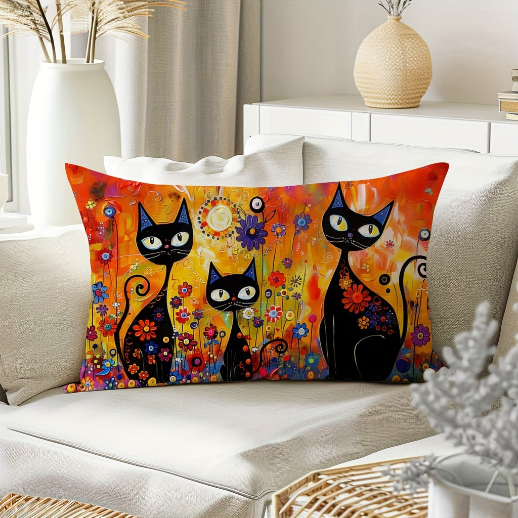 Folk art style black cat throw pillow cover with sun and flowers design. Made of 100% polyester, hand wash only. Features zipper closure, suitable for couch, sofa, living room, bedroom. Available in two sizes: 29.97cm X 50.04cm and 44.96cm X 44.96cm.