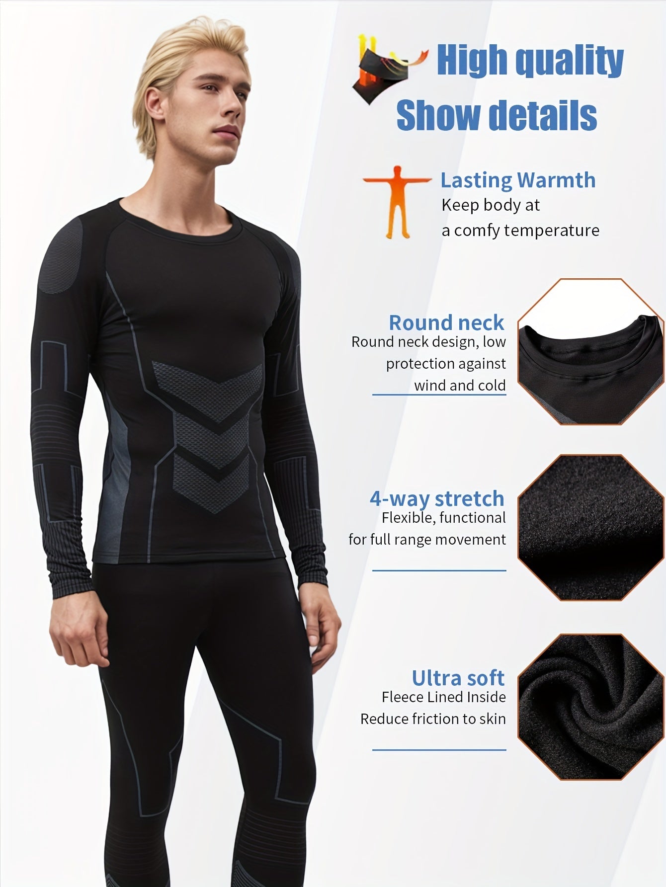 Men's thermal underwear set made of a polyester/spandex blend with tight-fitting, breathable, quick-drying knit fabric for daily wear in autumn/winter.