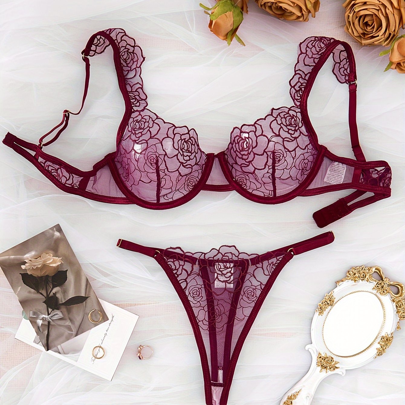 Sheer floral embroidered lingerie set with breathable solid color bra and thong for women's sexy lingerie.