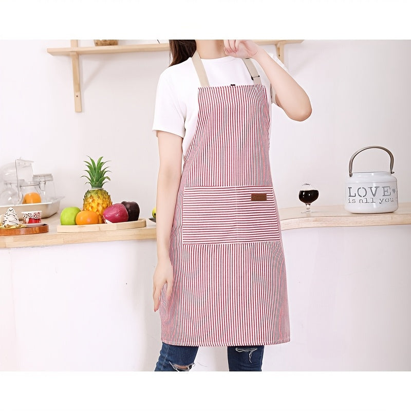 One or two adjustable aprons in a stylish black and white striped design, featuring a convenient pocket for both women and men in the home kitchen. Perfect for cooking, these chef aprons are essential kitchen supplies.