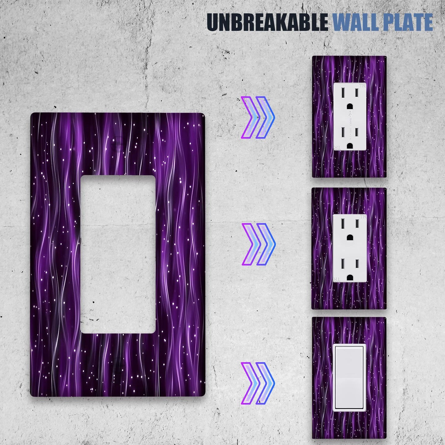 Durable polycarbonate light switch cover with sparkling purple pattern for home or office.