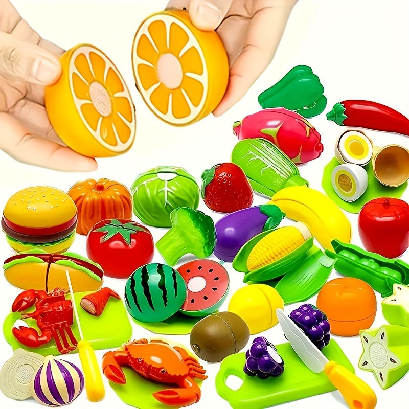 Reusable kitchen toys set includes 9 or 24 pieces of fruit and vegetable cutting toys made of plastic.