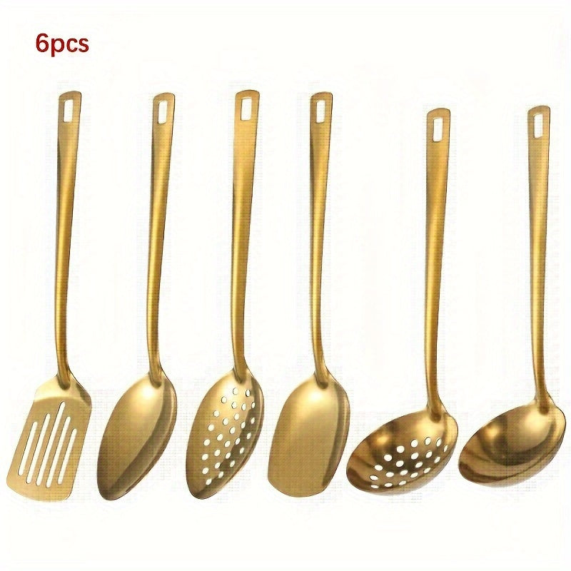 Set of 6 stainless steel utensils in golden, black, and silvery. Includes spatula, rice spoon, colander, and soup spoon. Ideal for buffets, banquets, and gatherings. Mirror polished and dishwasher safe.