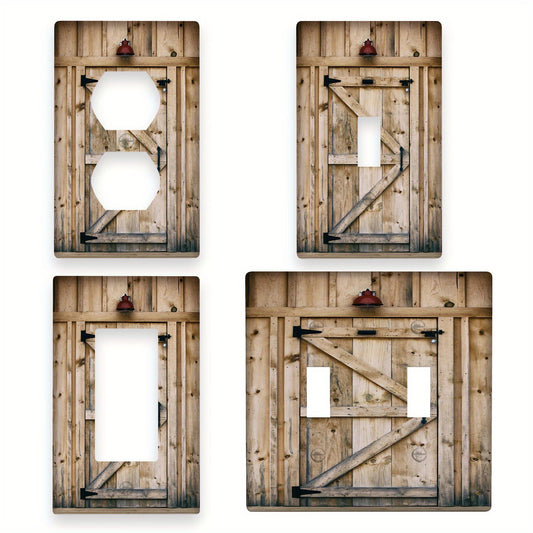 Rustic barn door design wall plate cover, decorative light switch and outlet receptacle plug face plate, no electricity needed, versatile for room decor.