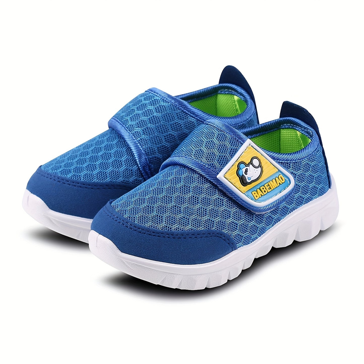 Breathable mesh sneakers with hook-and-loop strap, rubber sole, light gray with black accents for boys.