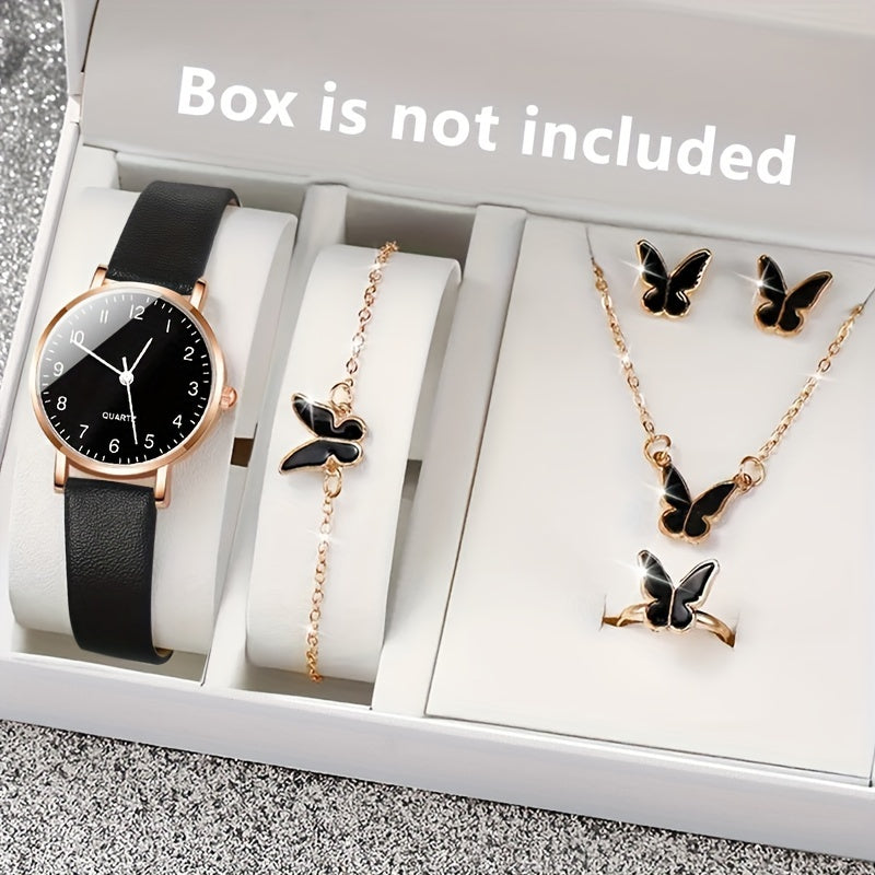 Elegant set of 6 quartz women's wristwatches with round alloy case, chic black dial, faux leather band, and butterfly jewelry. Perfect for gifts and all occasions.