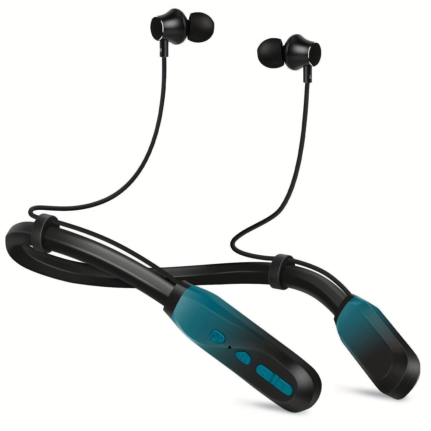 Sporty wireless earbuds with microphone and neckband for running.