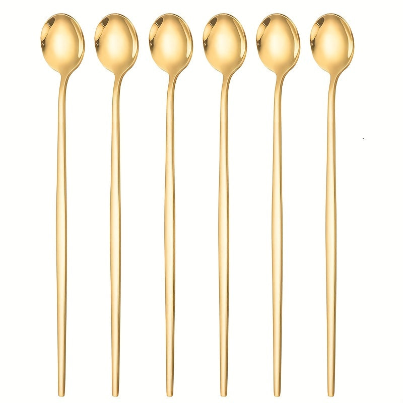 6-piece set of stylish golden ice tea spoons made of premium SUS304 stainless steel, perfect for mixing cocktails, soda, or coffee. From the Portuguese series with a mirror finish, these spoons are dishwasher safe.