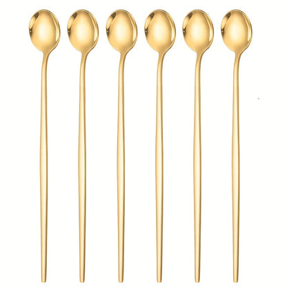 6-piece set of stylish golden ice tea spoons made of premium SUS304 stainless steel, perfect for mixing cocktails, soda, or coffee. From the Portuguese series with a mirror finish, these spoons are dishwasher safe.