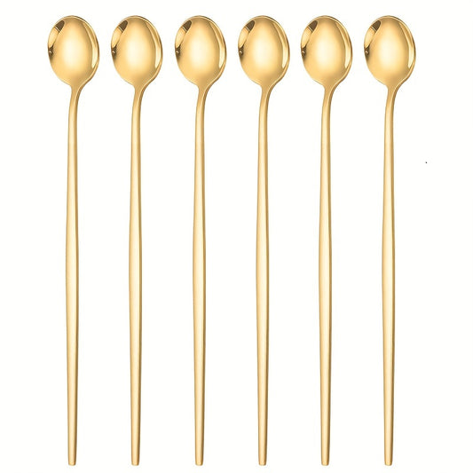 6-piece set of stylish golden ice tea spoons made of premium SUS304 stainless steel, perfect for mixing cocktails, soda, or coffee. From the Portuguese series with a mirror finish, these spoons are dishwasher safe.