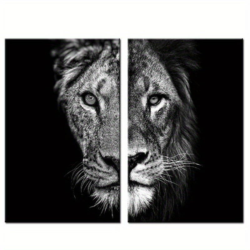 African Lion Wall Poster Set - Frameless Canvas Painting - 15.7x23.6in - Black and White Design