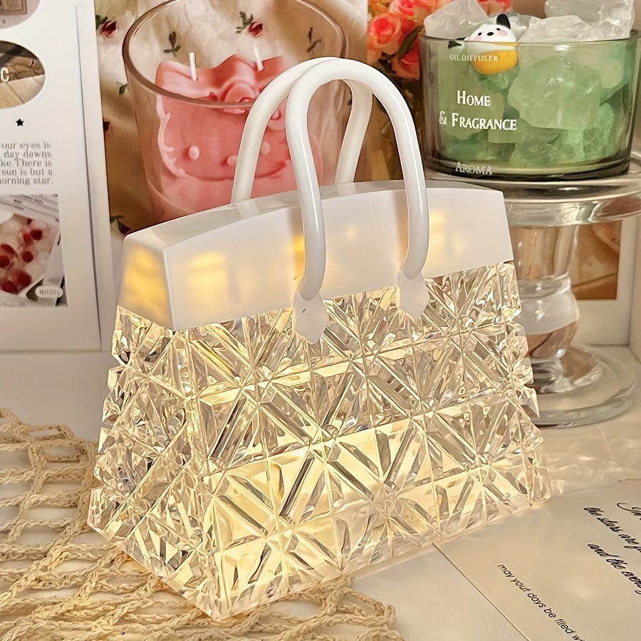 Chic Bag LED Night Light featuring a romantic petal design, ideal for bedroom ambiance and home decor. Battery-powered table light with 3D visual effect, great as a housewarming gift. By GMNEE.