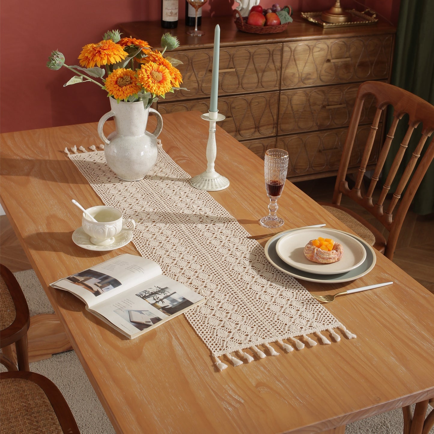 Beige geometric crochet table runner made of pure cotton linen with small rhombus pattern and hollow lace design.