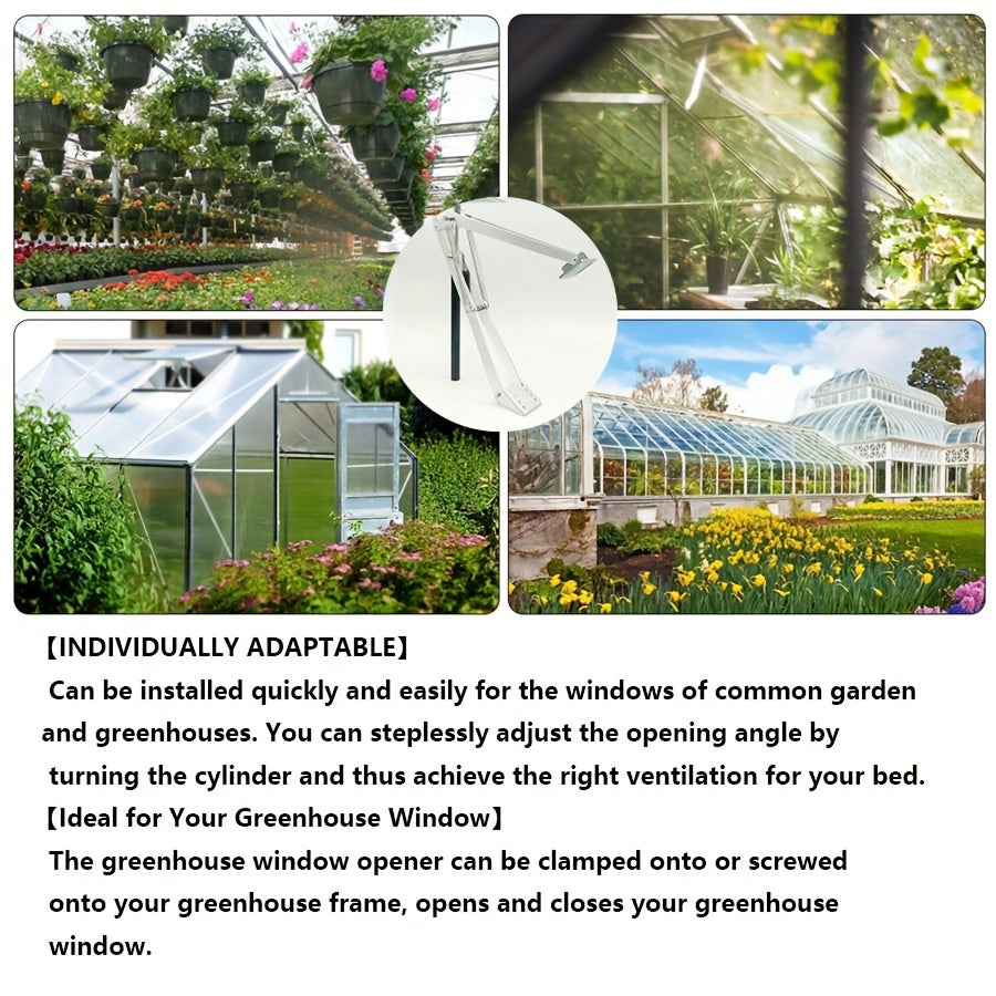 Greenhouse automatic window opener with double spring bracket for solar thermal roof ventilation and cooling.