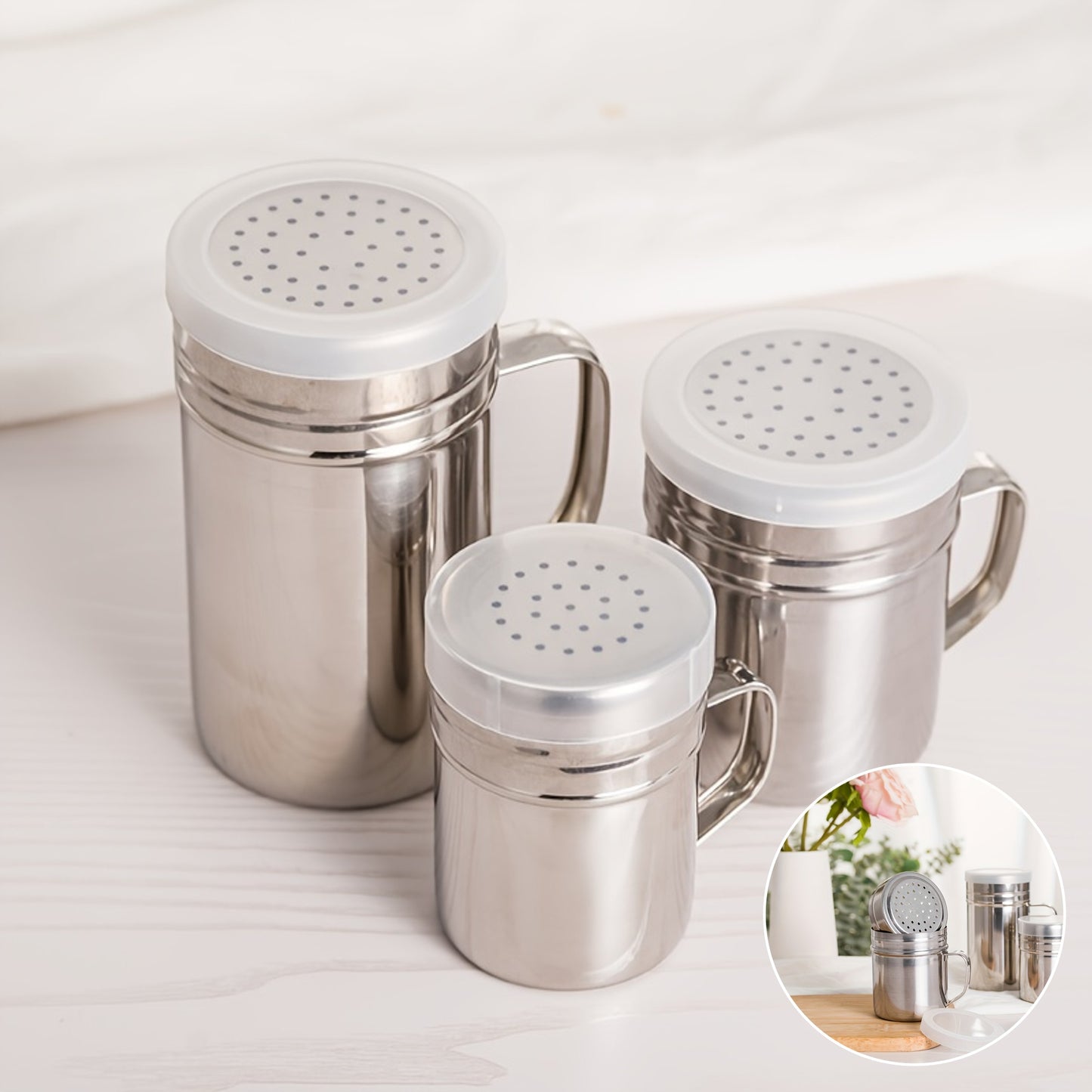 Durable stainless steel seasoning jar with handle perfect for BBQ spice, pepper, and sesame powder. Ideal for home, restaurant, or café use. Modern design and practical spice container.