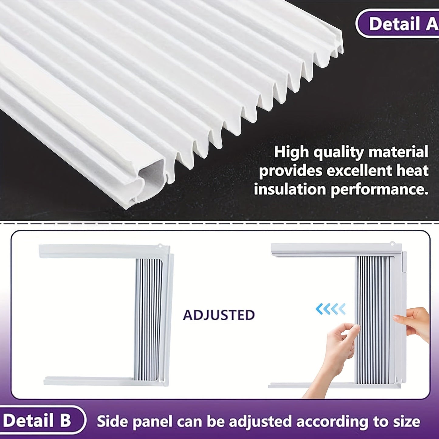 Energy-saving indoor accordion filler curtain set with frame kit - 2 pack of PVC insulation panels for 5,000 BTU AC units, adjustable side panels for windows, no electricity required.