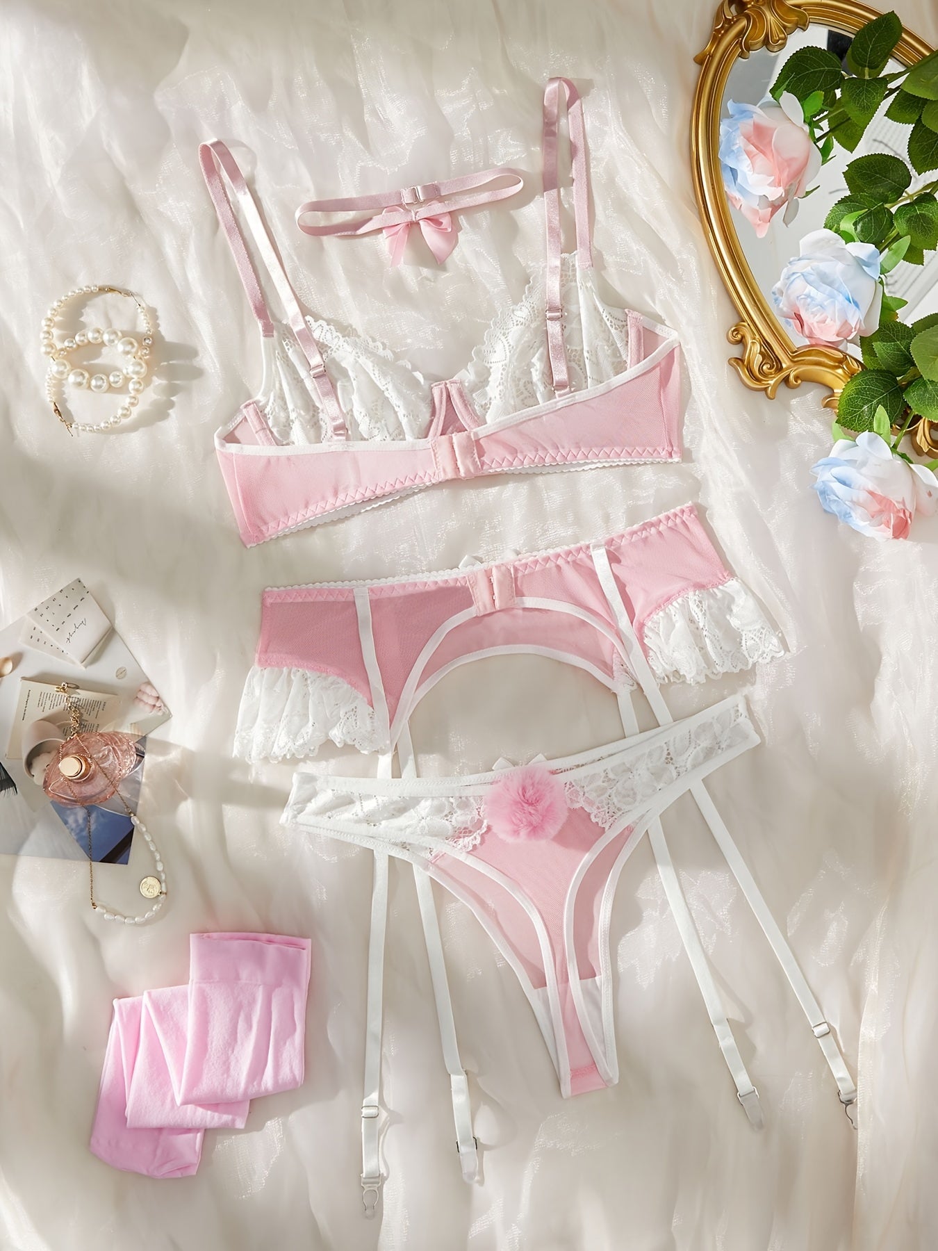 Women's lingerie set with sexy panties and stockings.