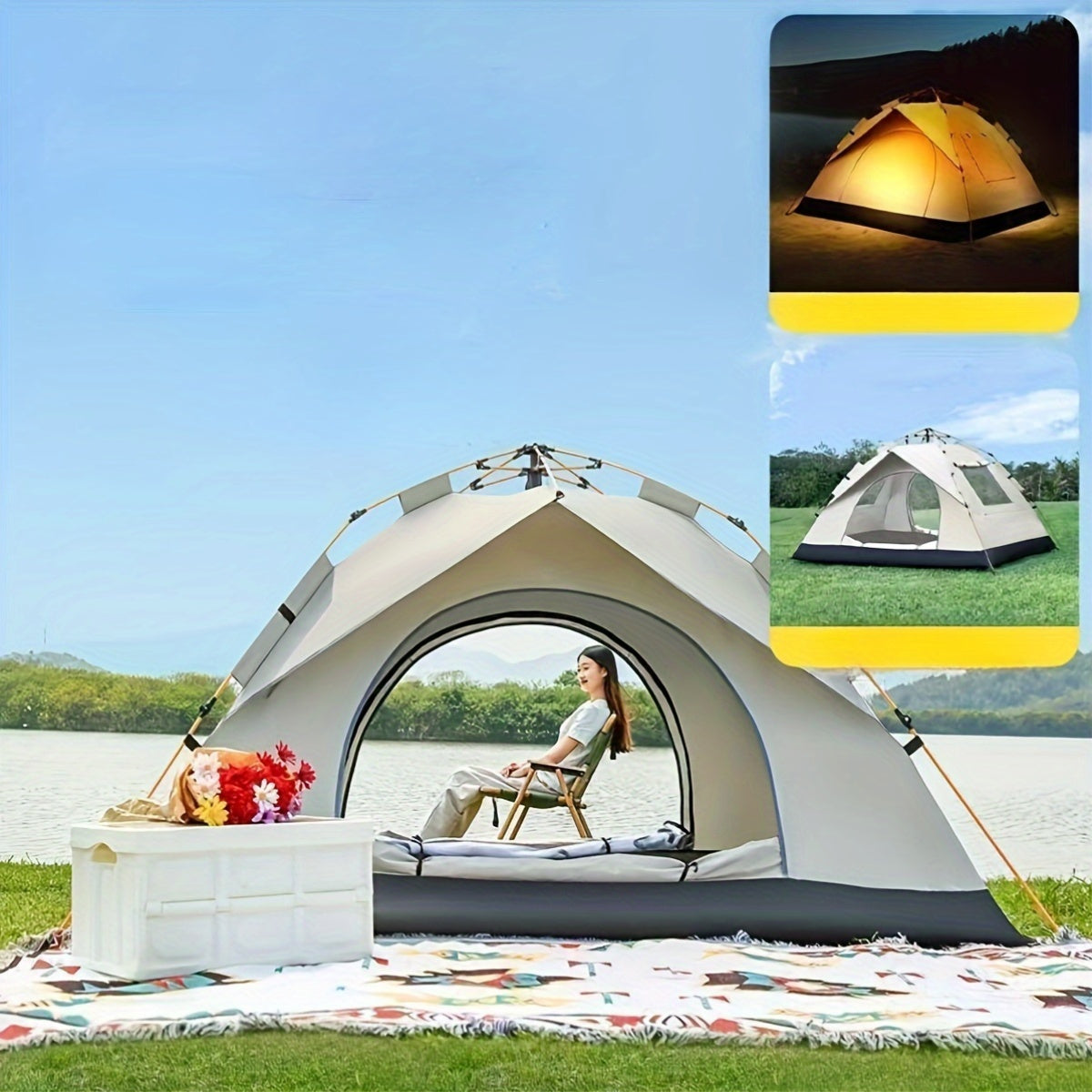 4-person pop-up tent with fiberglass poles, square Oxford cloth, 3-second setup, waterproof zipper closure, ideal for hiking, travel, and beach.