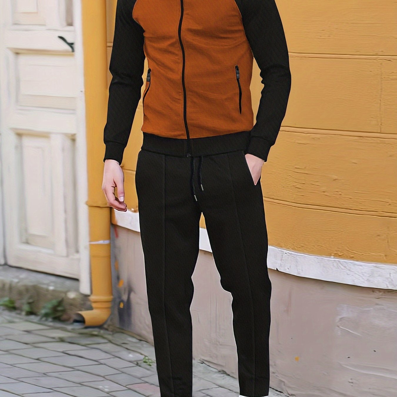 Men's Zip-Up Jacket and Joggers Set, ideal for Spring/Fall, made from a polyester blend, with a sporty color block design.