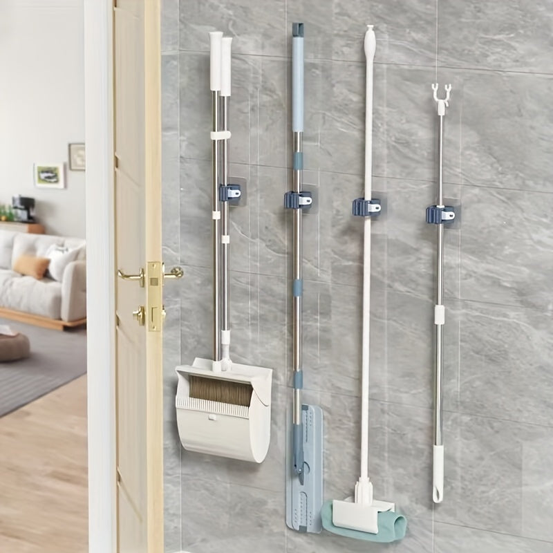 Wall-mounted holder for mops and brooms, with detachable waterproof and non-slip hook. Ideal for home, bathroom, kitchen, garden and garage organization.