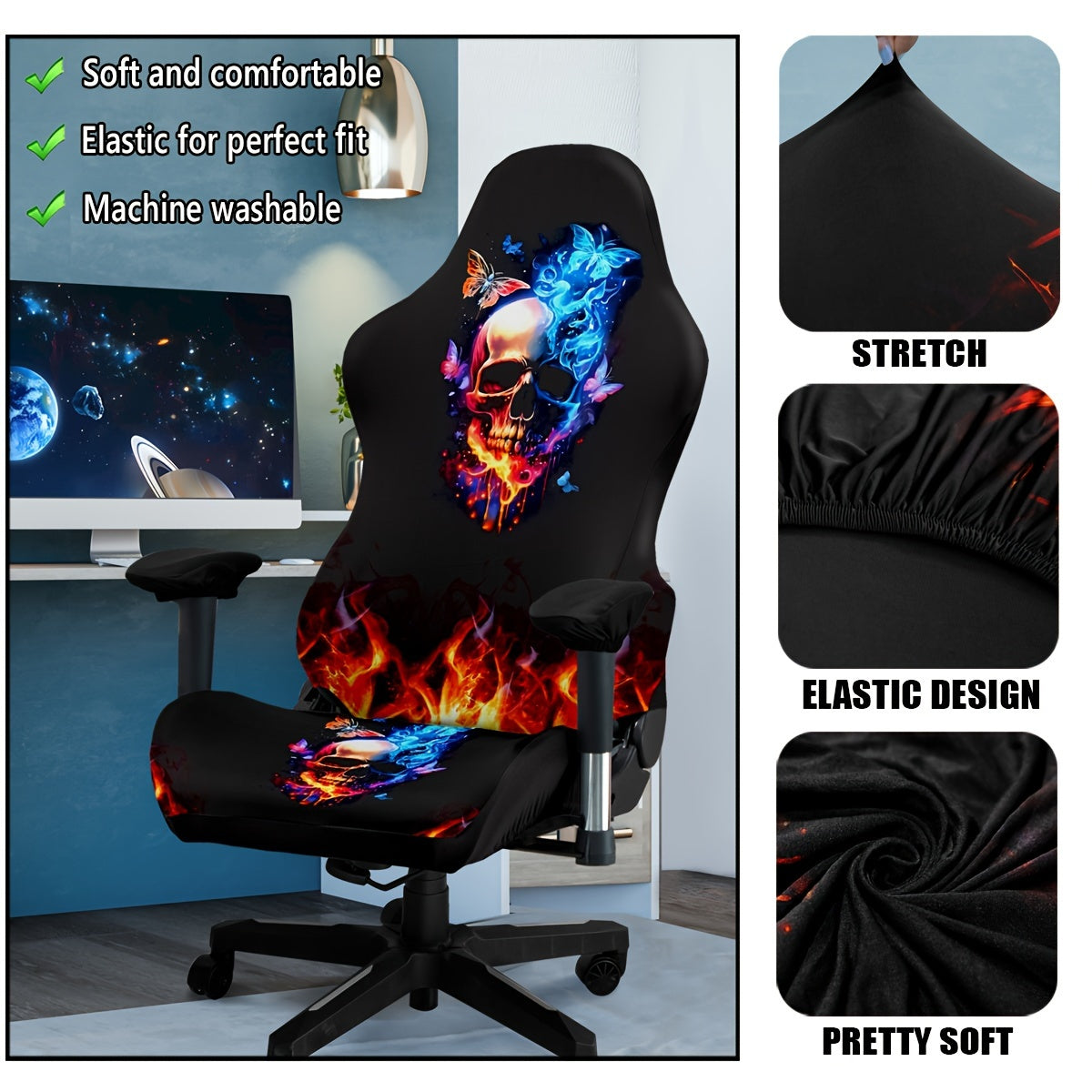 Stretchable and washable gaming chair cover with eclectic skull design, made of premium milk fiber fabric. The one-piece slipcover boasts high elasticity and easy fit, featuring a digital