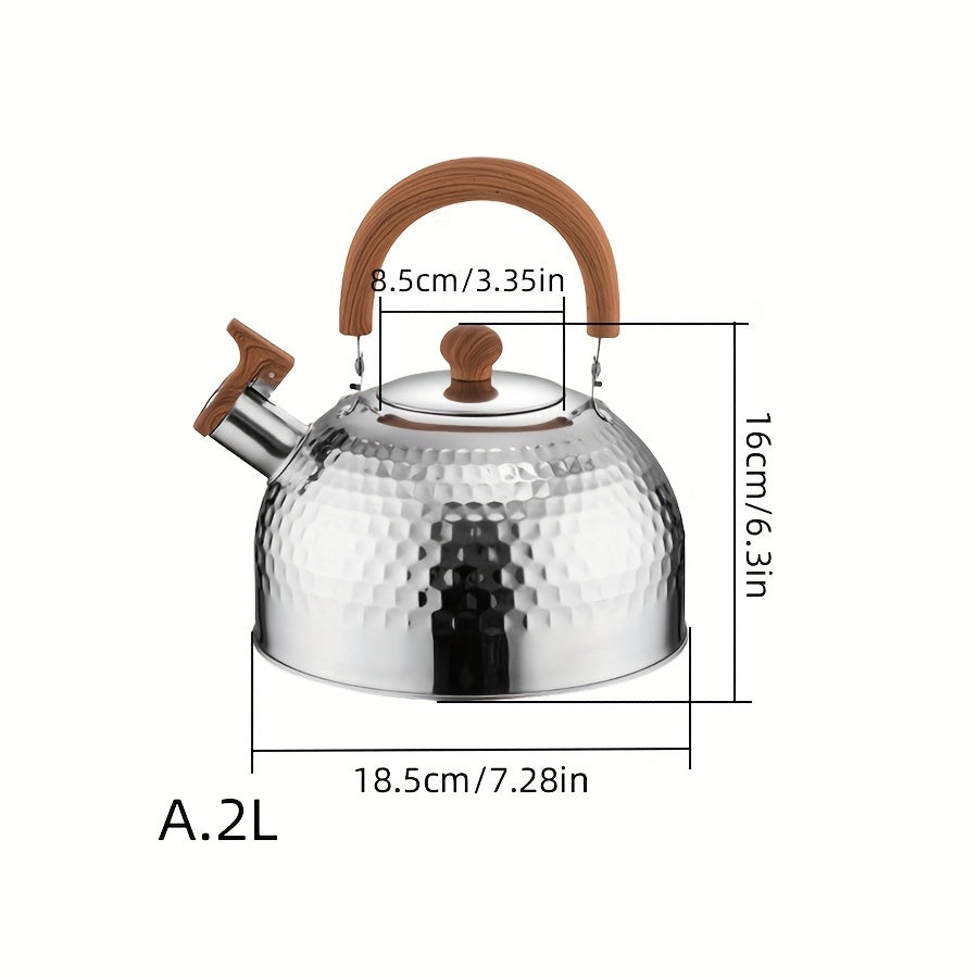 An outdoor-friendly stainless steel kettle with a hammered texture and a whistling spout, ideal for boiling water in the backyard to make tea or coffee.