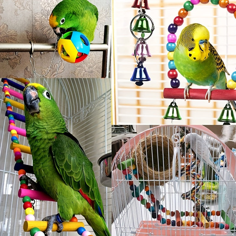 Bird toy set with swing, climbing ladder, stairs, colorful bells, and chew toys for small and medium parrots to relieve boredom and provide educational training. Available in sets of 3, 5