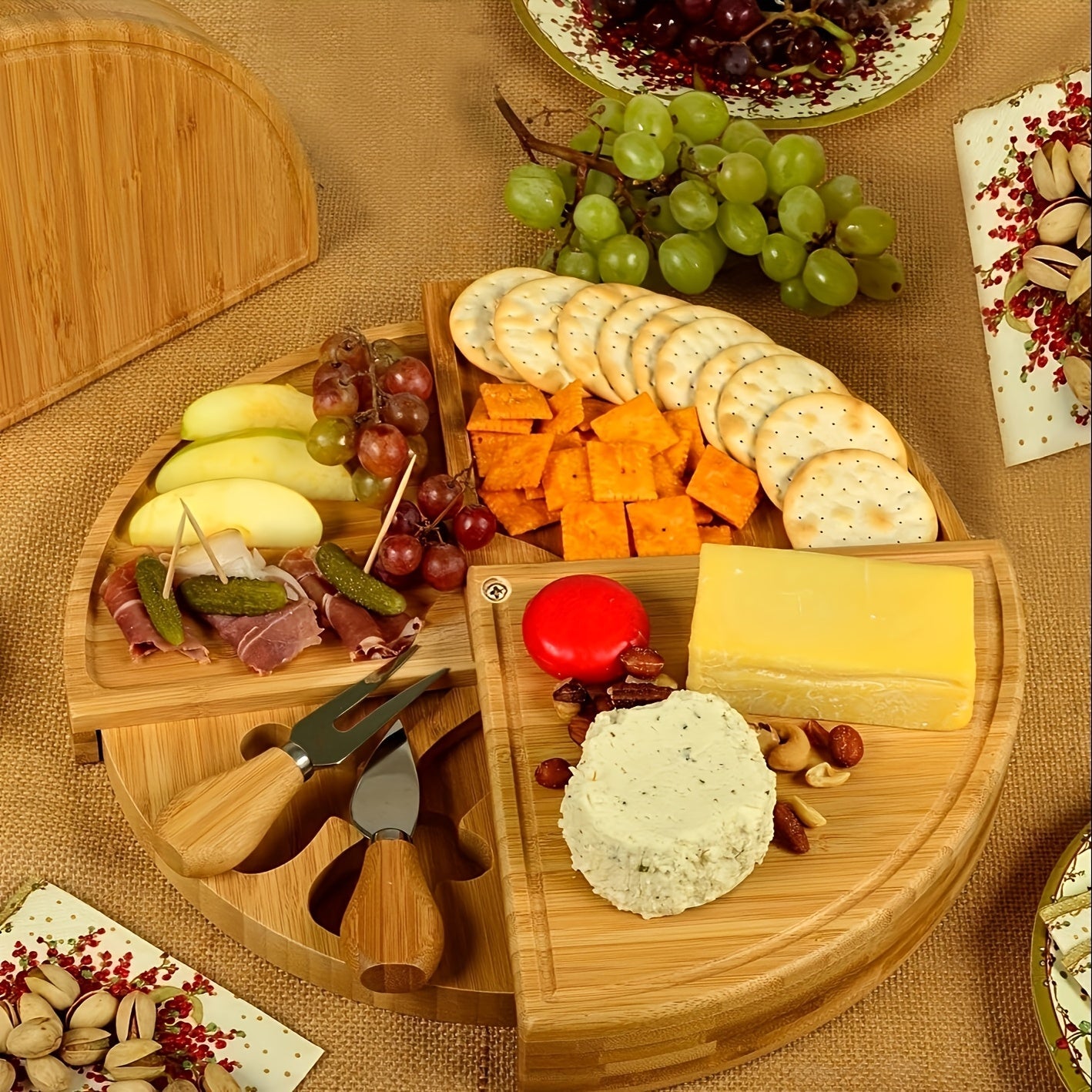 Serving Knives Included with Multipurpose Cheese Board Set, Ideal for Snacks and Charcuterie, Safe and Long-lasting, Equipped with Storage Drawers for Fruits, Nuts, and Appetizers