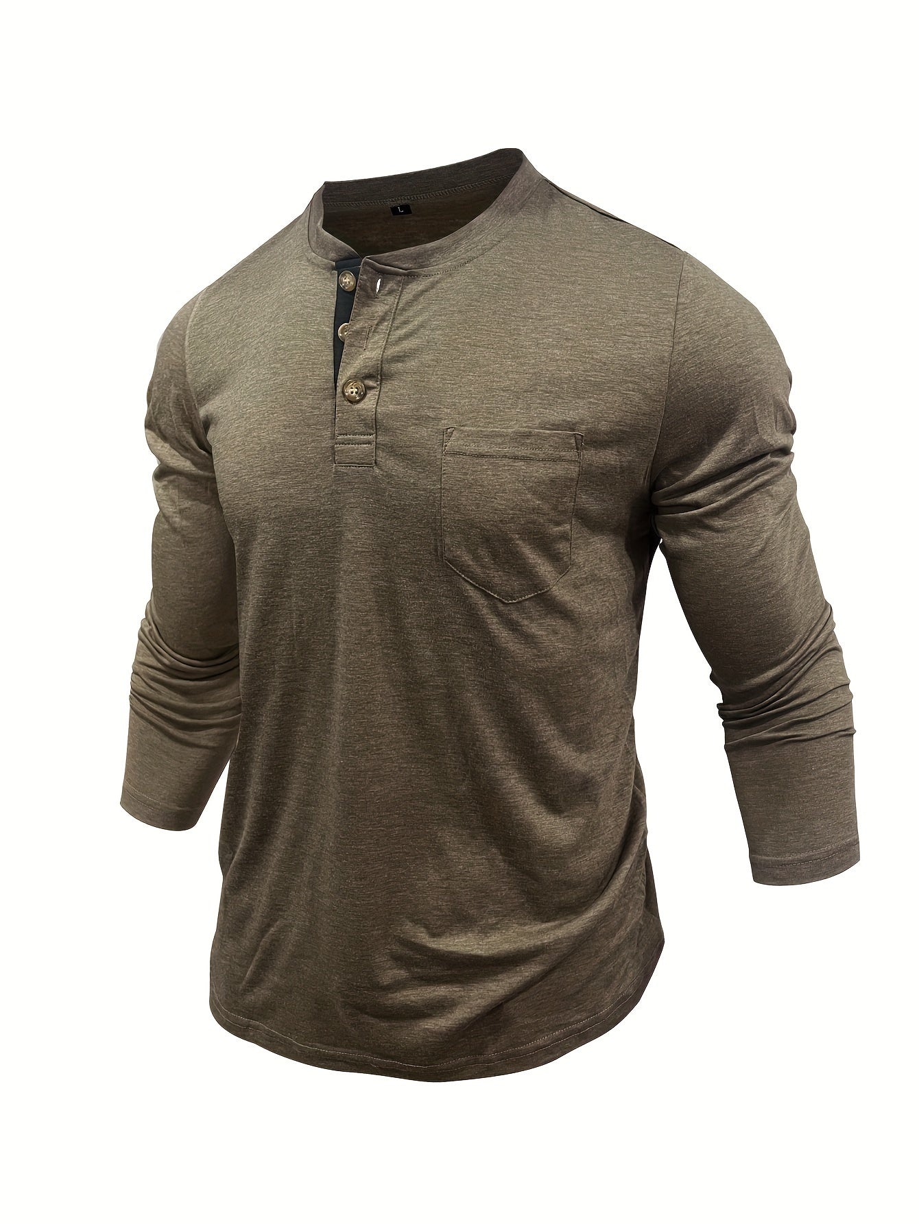 Men's olive green Henley shirt in big & tall sizes, perfect for outdoor activities. Casual, comfy, with stretch and long sleeves.