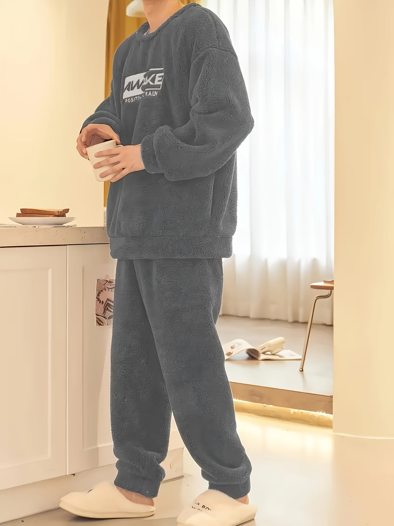 Men's Casual Pajama Set with Warm Flannel Home Clothes, includes Long Sleeve Hoodie Top and Loose Pants, ideal for Autumn and Winter.