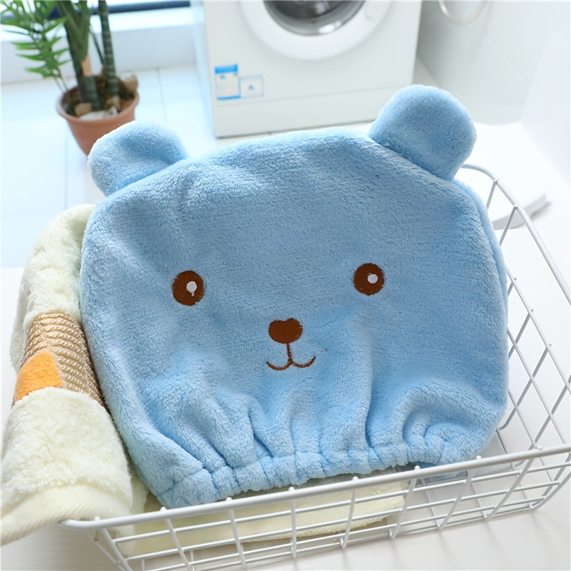 Modern cartoon bear hair towel made of thickened coral fleece, absorbent, fade resistant, lightweight quick-dry cap.